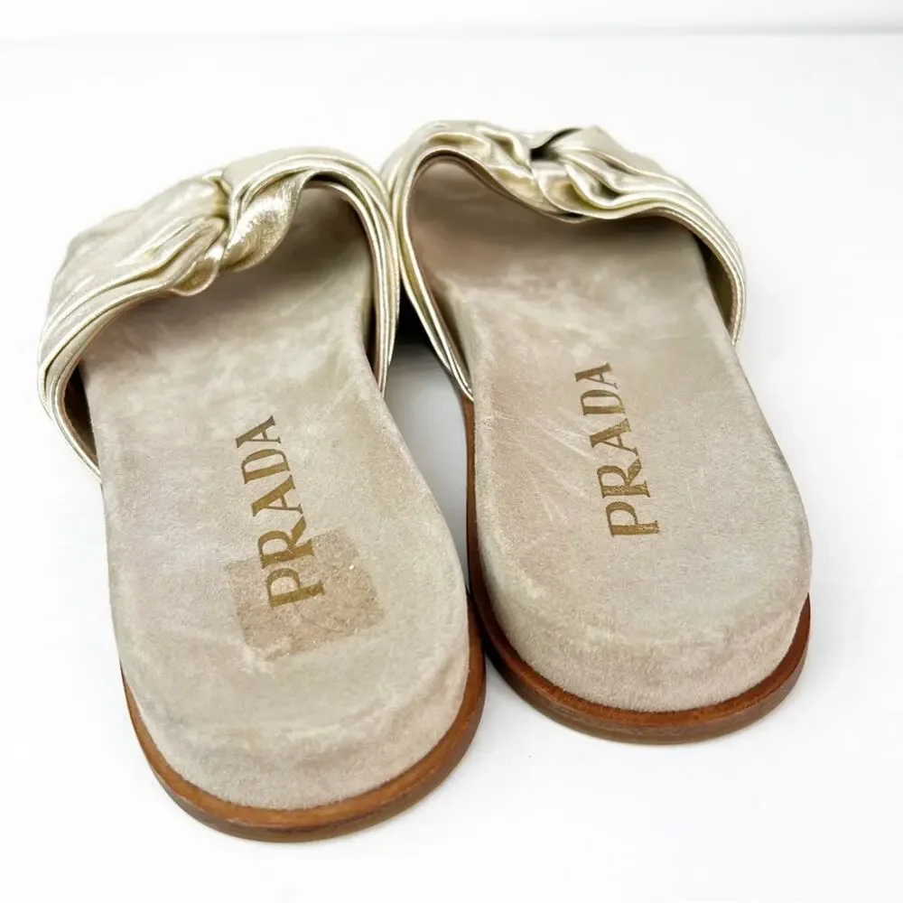 SZ 37.5 Prada Metallic Gold Leather Slide Sandals - Picture 5 of 7